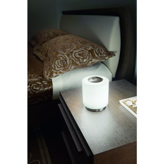 Fabas Luce nickel satinierte LED Tischleuchte Simi 8W mit Opalglas