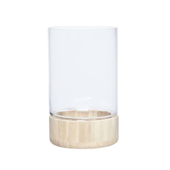 Hübsch schlichtes Windlicht/ Laterne aus Glas mit Holzboden Ø16x27cm